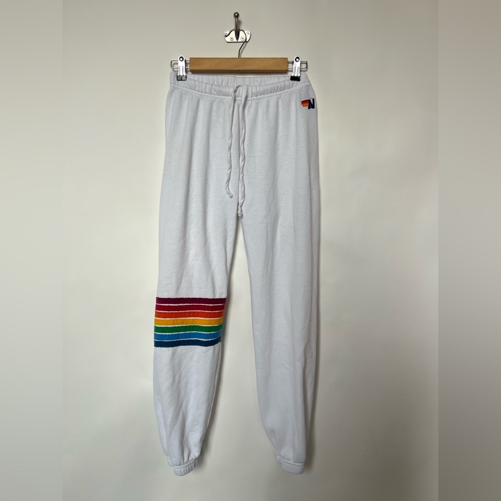 Aviator Nation White Rainbow Stripe Sweatpants‎ Joggers • Made in USA • Size S